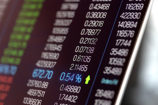 Trading board, stock market data on a laptop computer screen, bid and ask prices. Stock exchange, investment strategy, prices and changes, quotes, trading volume, equity data, up and down.