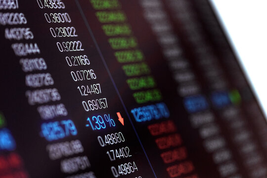 Trading board, stock market data on a laptop computer screen, bid and ask prices. Stock exchange, investment strategy, prices and changes, quotes, trading volume, equity data, up and down.