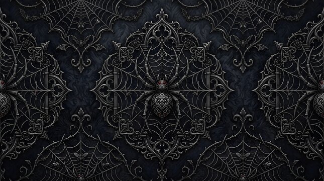 A dark and intricate gothic wallpaper pattern featuring symmetrical ornate filigree designs combined with spider webs and subtle spider motifs in a deep black and charcoal color palette for design.