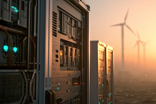 Futuristic server racks stand against a hazy sunset with wind turbines in the distance