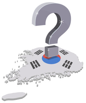 3D isometric map of South Korea textured with national flag under a large metallic question mark symbol representing geopolitical uncertainty, economic dilemma and risk (cut out)