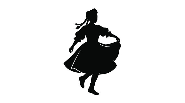 Elegant black vector illustration showing a young woman dancing in traditional folk costume with flowing skirt and braided hair style