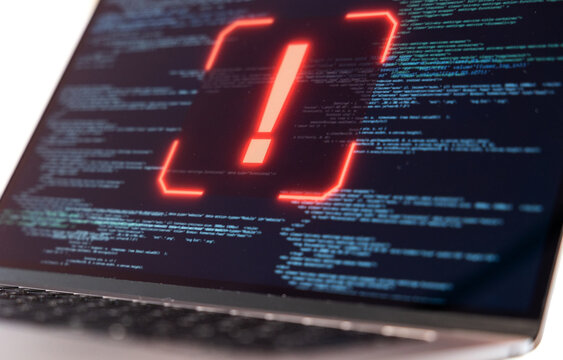 System warning on a computer screen, data, code, encryption, computer crime. Spyware, data breach, computer virus, hacker, communication problems, computer language, security, firewall.