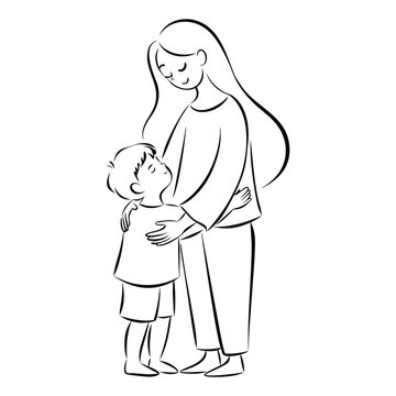 Mother And Child Embrace Black And White Line silhouette Drawing