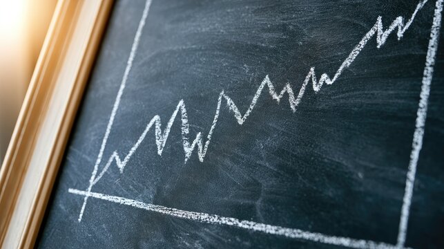 A chalk graph shows upward trend with jagged lines on a dark blackboard