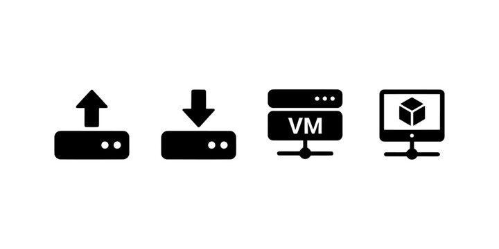 Black icons of computer upload download and virtual machine