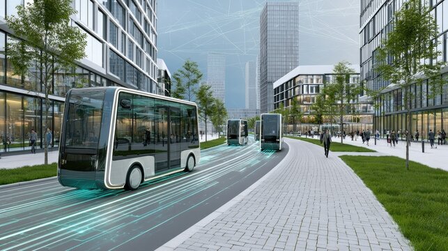 Futuristic autonomous shuttle buses navigate a bright, modern city street