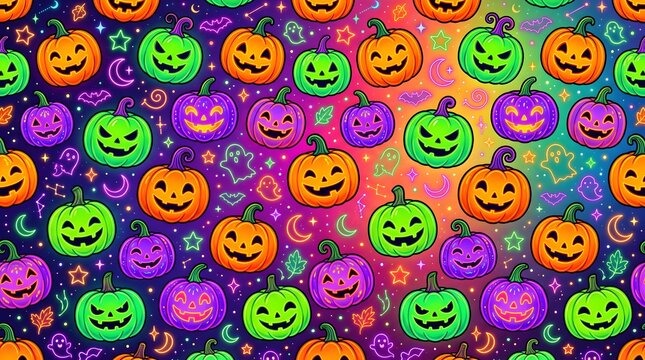 Vibrant seamless pattern with glowing jack-o-lanterns, ghosts, and bats on a colorful gradient background, ideal for Halloween creative projects, invitations, and festive digital wallpaper designs.