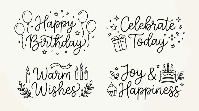Hand drawn birthday greeting cards with balloons candles cake with line art