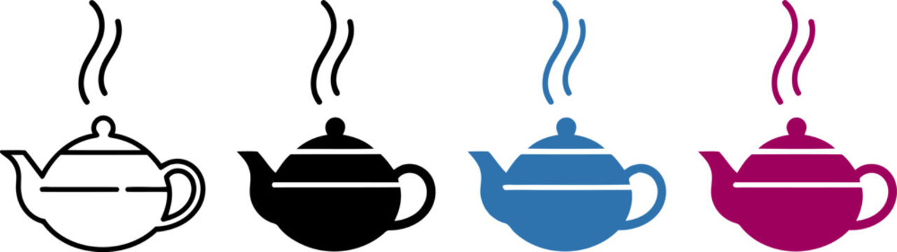 Four colorful teapots with steam rising icons in white background