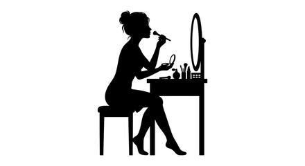 Fototapeta premium Woman Applying Makeup Silhouette Against A White Background