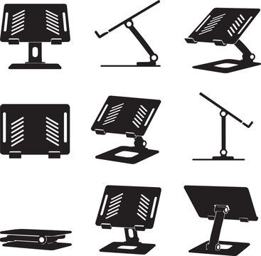 Adjustable Laptop Stand Vector Icon Set in Multiple Views, Black and White Minimal Illustration