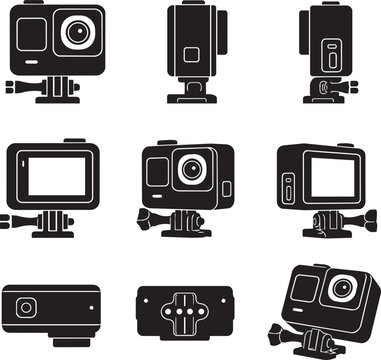 Action Camera Vector Icon Set in Multiple Views, Black and White Minimal Illustration