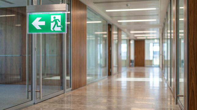 An emergency exit sign mounted on a white wall in a modern, blurred hospital hallway 
