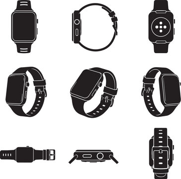 Smartwatch Vector Icon Set in Multiple Views, Black and White Minimal Illustration