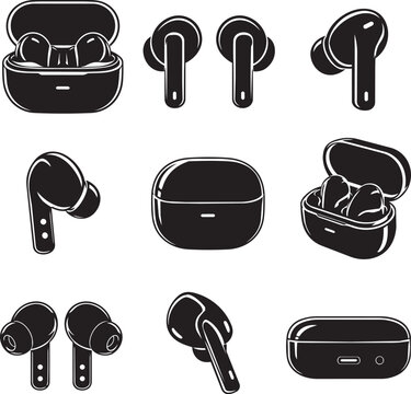 Wireless Earbuds and Charging Case Vector Icon Set in Multiple Views, Black and White Minimal Illustration
