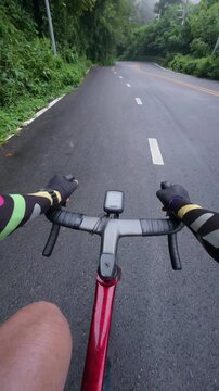 First-person point of view of a road cyclist riding along a quiet wet mountain road surrounded by lush tropical forest. The immersive footage captures peaceful outdoor cycling, misty weather, enduranc