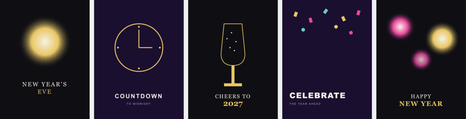 New Year's Eve social media story templates, gold countdown clock and champagne glass icons, elegant celebration posters with confetti and bokeh © R studio