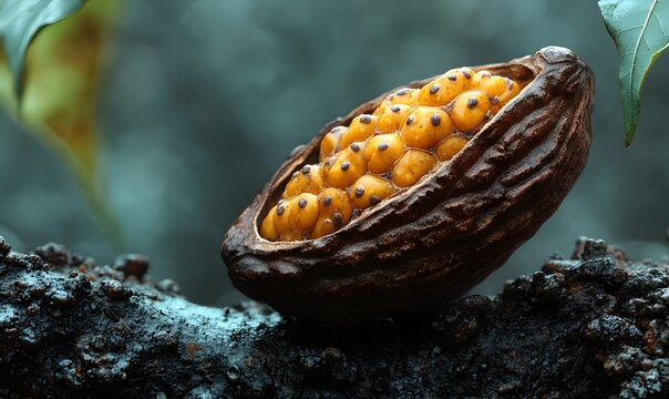 Open clam shell with eggs on ocean rocks - A close-up of a clam shell filled with orange eggs resting on dark ocean rocks underwater.