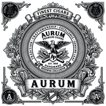 Vintage style cigar label design with eagle emblem and decorative ornaments.