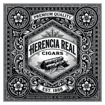 Vintage style cigar box label design with ornate floral patterns and tobacco leaves.