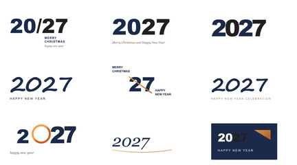 2027 Happy New Year logo collection, 9 modern navy blue and gold 2027 typography designs, minimalist holiday branding elements for corporate cards © R studio