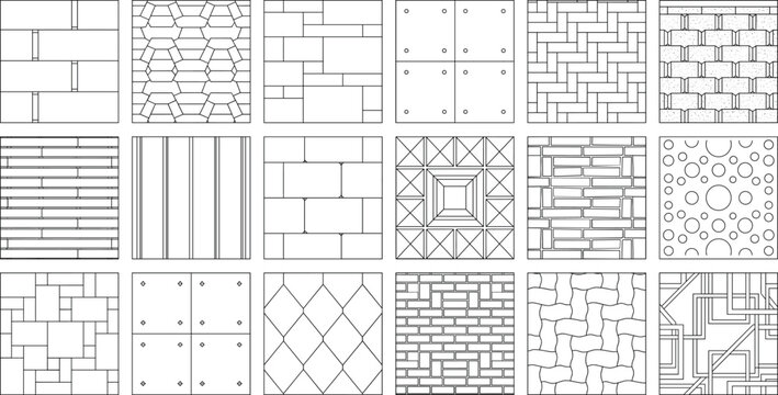 Set of seamless architectural paving patterns and stone texture tiles for landscape floor plans and construction design
