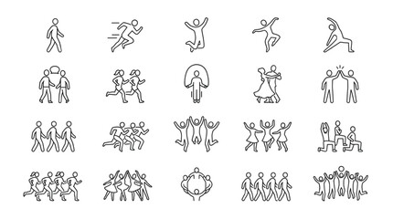 Obraz premium Human Movement Single Line Icon Set, Minimalist Flat Outline Icons of Walking, Running, Jumping, Dancing, Individual and Group People Poses