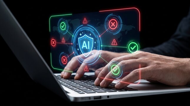Hands typing on laptop with AI security interface. Cyber protection and digital safety.