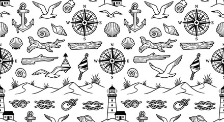 Seamless Nautical Vector Pattern with Black and White Maritime Icons Featuring Anchors, Seagulls, Seashells, Compass Roses, Driftwood, Buoys, Sand Dunes, Rope Knots, and Lighthouse © Izzana