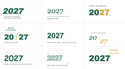 Minimalist 2027 Happy New Year typography set, elegant dark green and gold 2027 logo collection, modern holiday greeting card vector elements © R studio