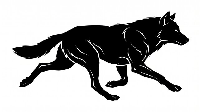 Black wolf silhouette running isolated on white background