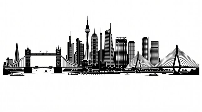 Modern city skyline silhouette with skyscrapers and suspension bridges on white background