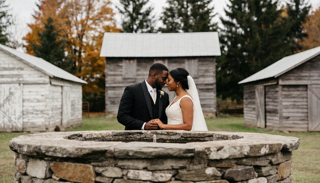 African American bride and groom touching foreheads at a rustic farm wedding. Newlywed couple in front of wooden barns in autumn. Intimate moment with stone well in foreground