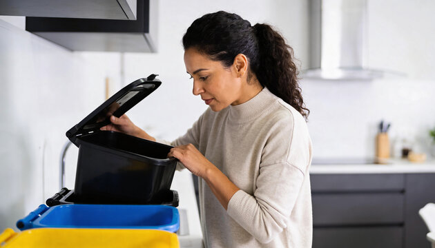 Woman sorting waste in a modern kitchen. Female looking into a black recycling bin. Sustainability and eco-friendly household waste management concept