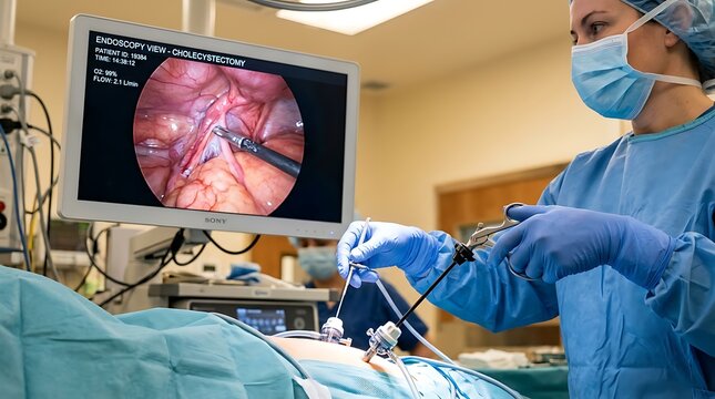 Surgeon performing laparoscopic surgery. Medical doctor using endoscopic tools in theater.