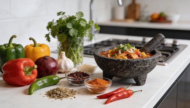 Traditional stone mortar filled with spicy stew. Fresh vegetables and spices on a white kitchen countertop. Culinary preparation and healthy eating concept