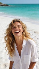 Obraz premium Vertical portrait of a young blonde woman laughing on a tropical beach. Happy female in white linen shirt enjoying summer vacation. Joy and carefree lifestyle concept