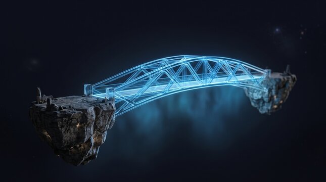Futuristic floating bridge connecting islands. Modern infrastructure design with illuminated structure and night sky backdrop.