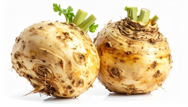 Two celeriac roots with rough knobby texture on white surface, symbolizing culinary versatility and organic detail.