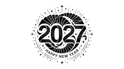 New Year 2027 Celebration Emblem: A striking circular emblem in black and white heralds the arrival of the New Year 2027, adorned with decorative elements and the inscription Happy New Year. © Ajhar234