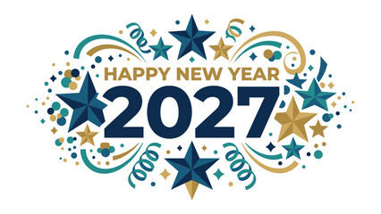 Naklejka premium Happy New Year 2027: A festive and vibrant graphic design celebrating the arrival of the New Year 2027, adorned with stars, confetti, and swirling ribbons.