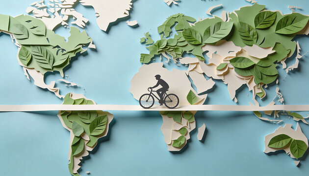 World Bicycle Day concept. Cyclist silhouette riding across a paper craft world map decorated with green leaves. Sustainable transportation and eco-friendly global travel illustration