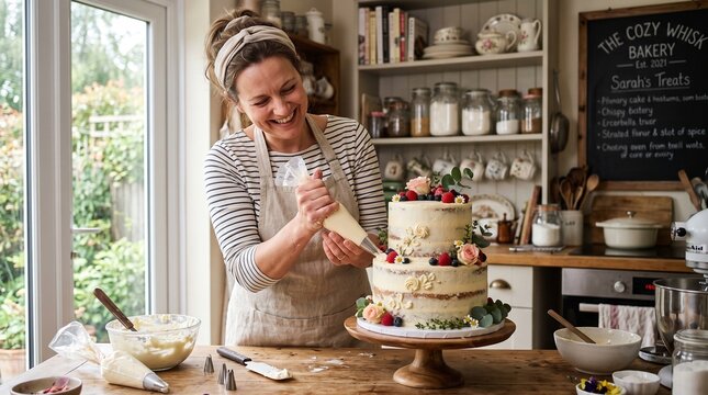 Professional female baker decorating tiered cake with piping bag, rustic kitchen setting at The Cozy Whisk Bakery, smiling woman pastry chef at work