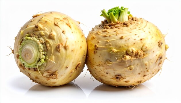 Two celeriac roots with rough knobby texture on white surface, symbolizing culinary versatility and organic detail.