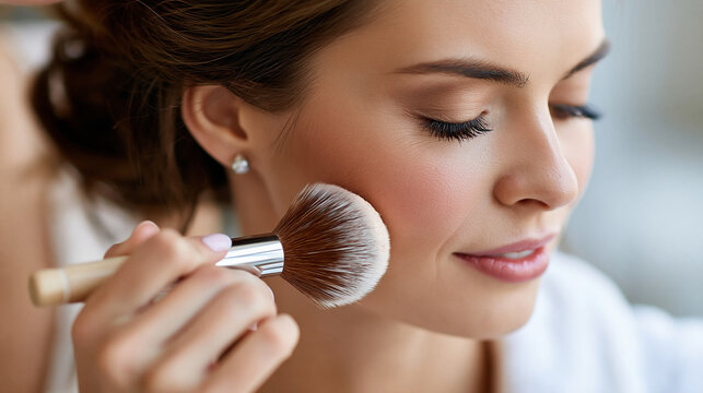 Close-cropped scene of hands applying a setting powder with a large brush to a bride's cheekbone, face softly beyond frame, faceless composition, beauty application, cosmetics, bri