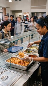 School cafeteria worker serving hot lunch to student during busy meal service. Concept of food service, school nutrition programs, cafeteria operations, student meals, and community support.