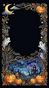 Halloween decorative border with ghosts pumpkins and moon