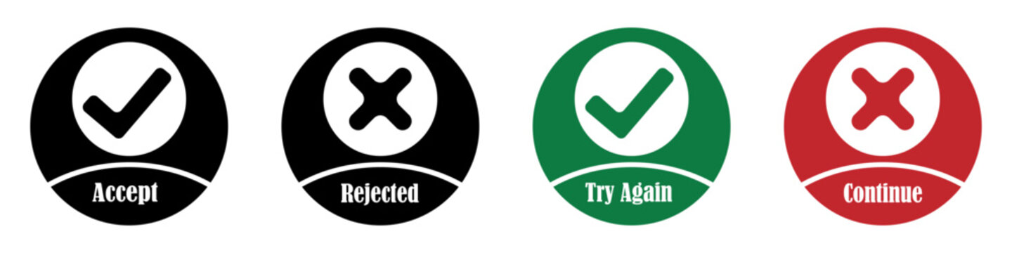 Continue and try again Icon set silhouette, Clipart vector illustration. PNG. Editable stroke. Accept and rejected icon.