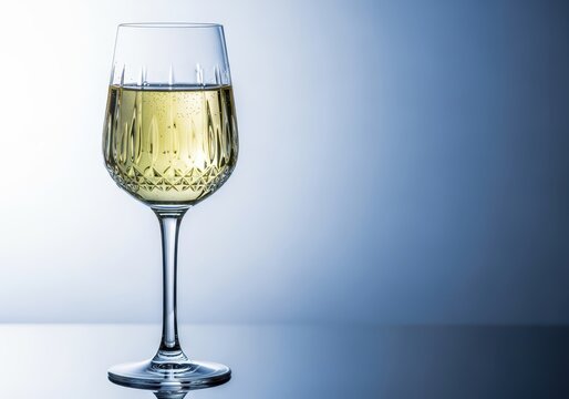 A crystal stemware glass holds chilled pale yellow white wine, ready for a sophisticated tasting or celebration event, tasting, dining, reflection